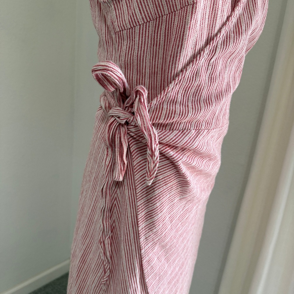 StyleStalker Red Acadia Striped Linen Blend Wrap Dress XL Coastal Brunch Preppy - Picture 4 of 8
